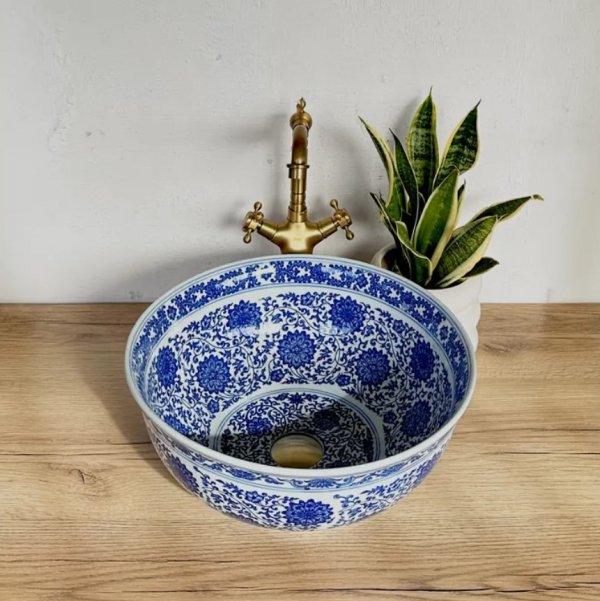 Umywalka ceramiczna, nablatowa ze wzorem REA BELLA orientalna, niebieska