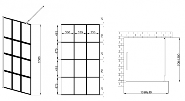 Invena ścianka walk-in 110x200 czarna kratka loft szkło 8 mm hartowane 