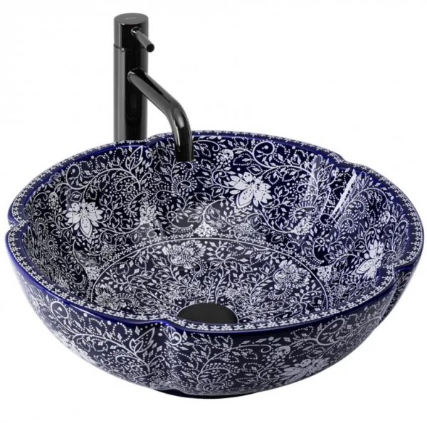 Umywalka ceramiczna, nablatowa ze wzorem REA SEVILLA granatowa, orientalna