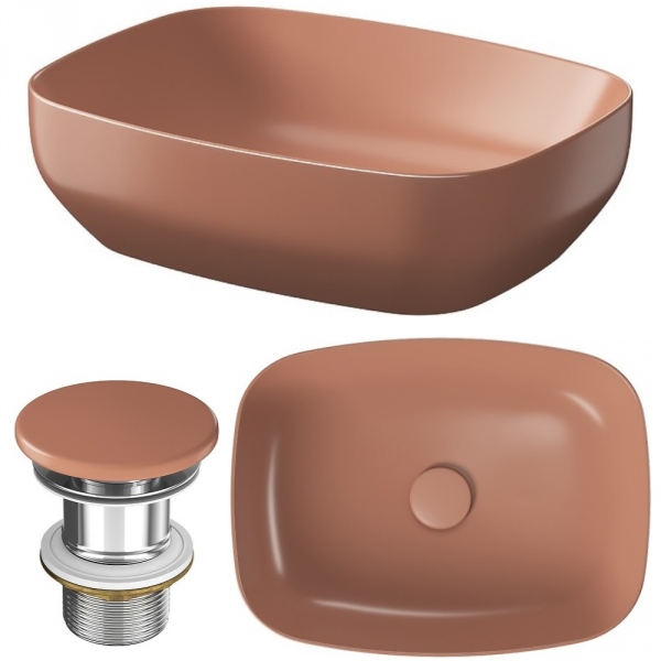 Umywalka ceramiczna nablatowa Larga prostokątna 50x38 cm ceglasty mat + korek