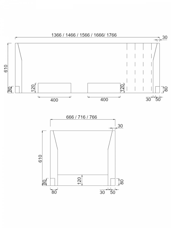 NOŚNIK do WANNY PROSTOKĄTNEJ UNIWERSALNY 140-180 x 70-80 z podcięciem LED 