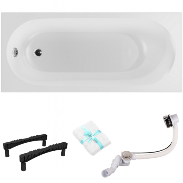 Wanna prostokątna EXCELLENT OCEANA SLIM MONO 170x75 biały połysk + nogi + syfon chrom