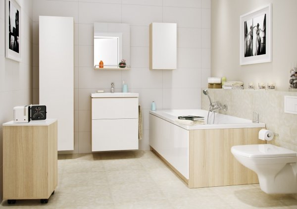 Wanna prostokątna akrylowa Cersanit Smart 170x80 PRAWA + biały panel meblowy + syfon nogi ręcznik