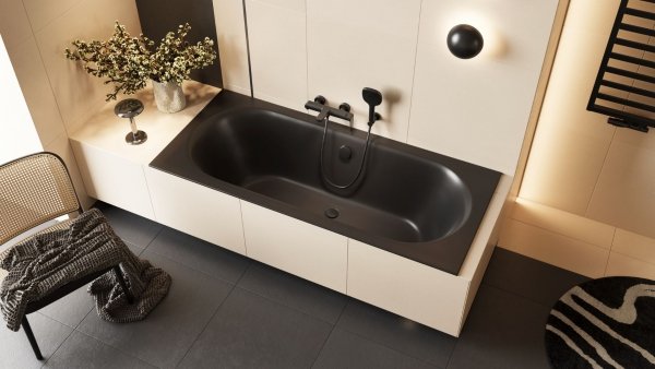 Wanna prostokątna EXCELLENT OCEANA SLIM 160x75 cm czarny mat + nogi + syfon czarny