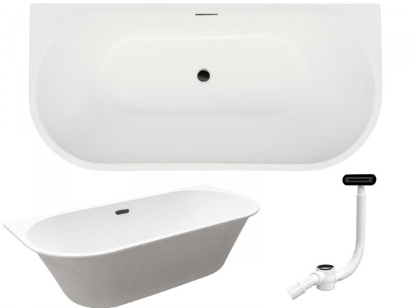 Besco Wanna przyścienna Vica Slim + 150x80 + syfon czarny klik-klak z płaskim przelewem