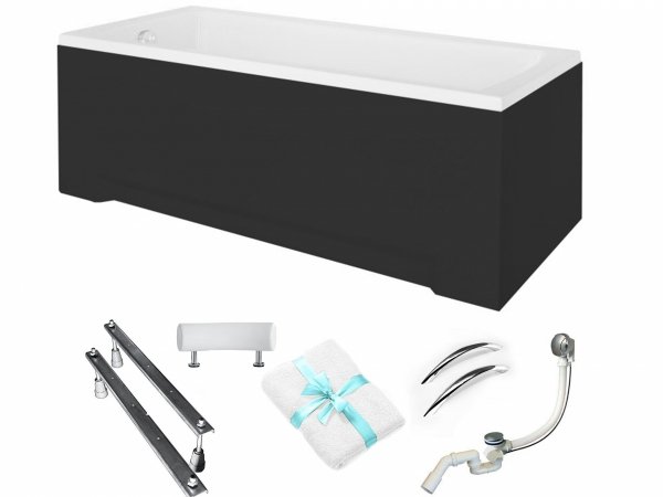 BESCO Wanna 160x70 Optima Premium z czarną obudową, zagłówkiem, uchwytami i syfonem
