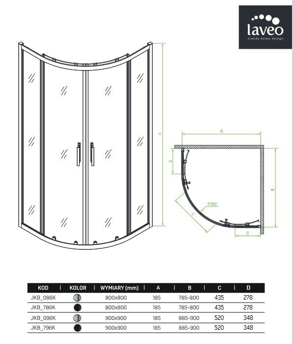 Laveo Kabina prysznicowa półokrągła Bresso 80x80 cm profil czarny