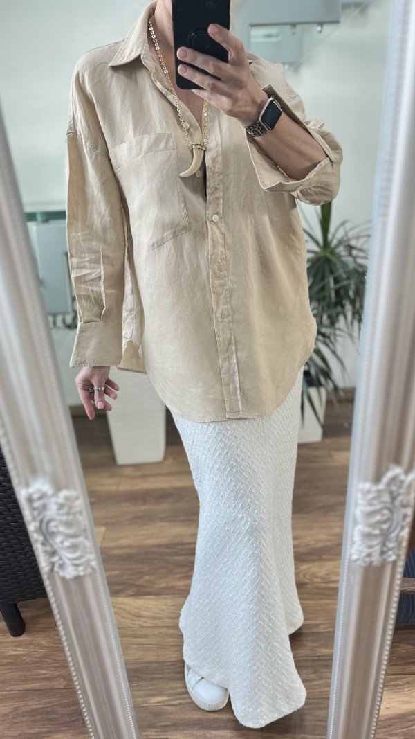 Beżowa Koszula Zara Len Casual Oversize