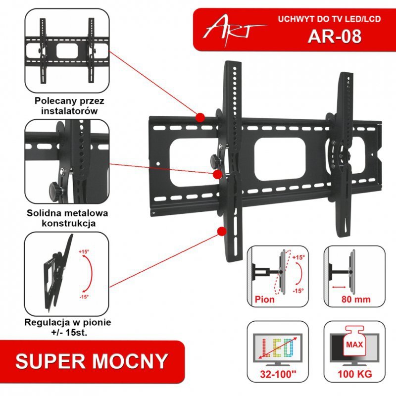 UCHWYT DO TV LCD/LED/PLAZMA 32-100&quot; 100KG AR-08 ART reg. w pionie