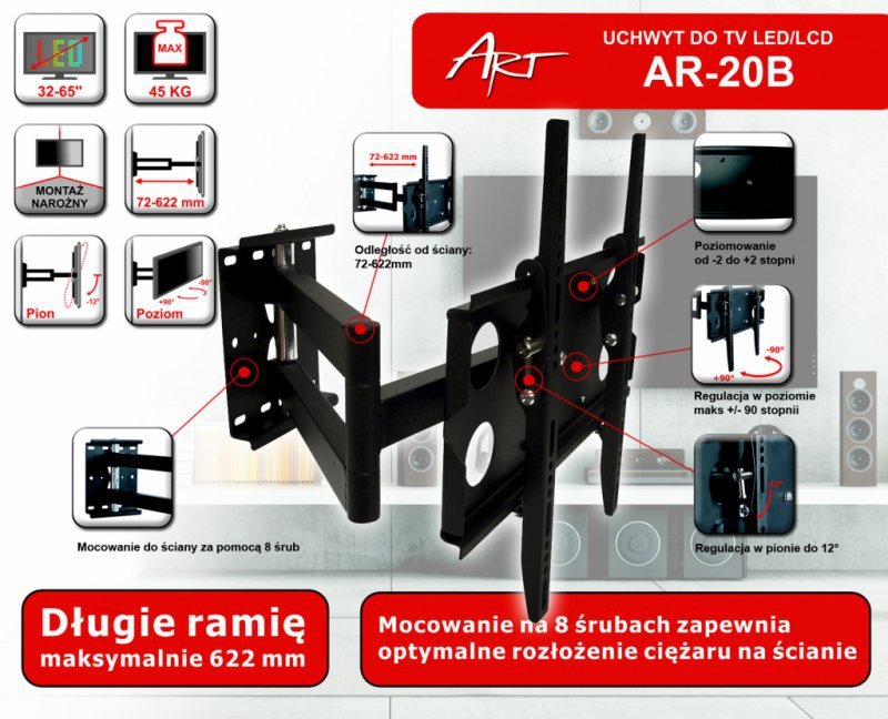 UCHWYT DO TV LCD/LED AR-20B ART 32-65&quot; 45KG reg. pion/poziom 62cm