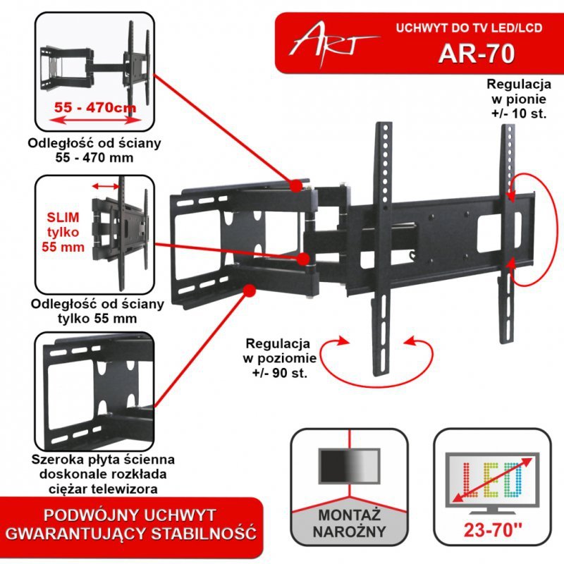 UCHWYT DO TV LED/LCD AR-70 ART 23-55&quot; 45KG reg. pion/poziom 47cm