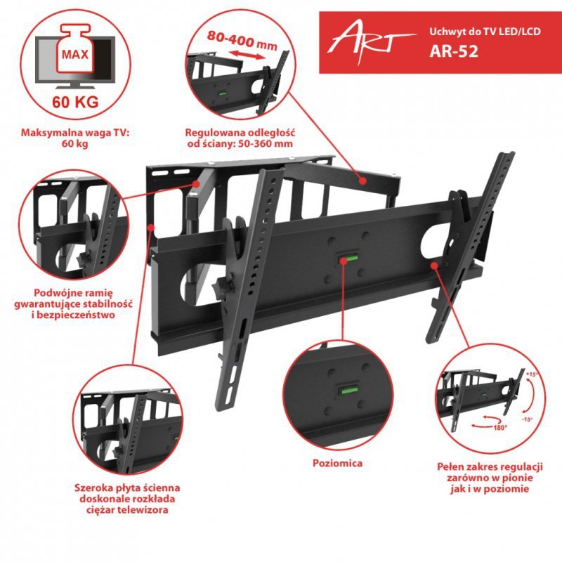 UCHWYT DO TV LCD/LED 30-70&quot; 60KG AR-52 ART reg. pion/poziom 40cm