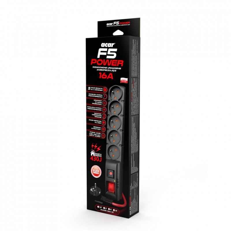 FILTR PRZECIWPRZEPIĘCIOWY ACAR F5 czarny 10m POWER 16A czerwony przewód W2301