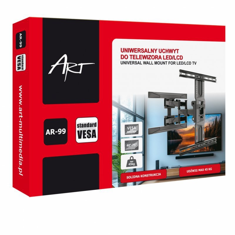 UCHWYT DO TV LCD/LED 40-75" 45KG AR-99 ART reg. pion i poziom 52-380mm maxVESA 600x400