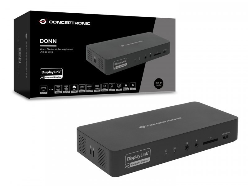 Stacja dokująca Conceptronic 17-1 USB-C->HDMI DP 4K/60Hz GbE USB-C bk