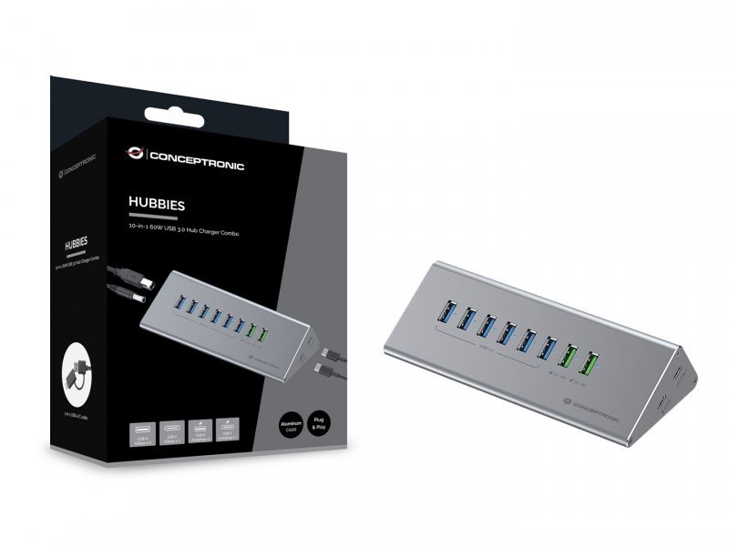 CONCEPTRONIC 10-portowy koncentrator USB-A3.0/-C Adapter -> 6xA3.0+m.Netz. Gr