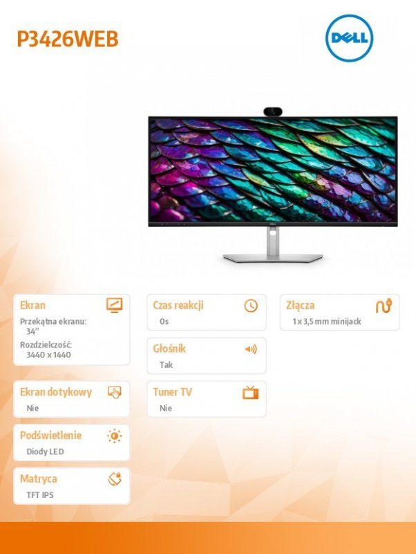 Dell Monitor P3426WEB 34 cale IPS Zakrzywiony WQHD (3440x1440)/21:9/HDMI/DP/4xUSB/2xUSB-C/RJ45/Kamera/Głośniki/3Y
