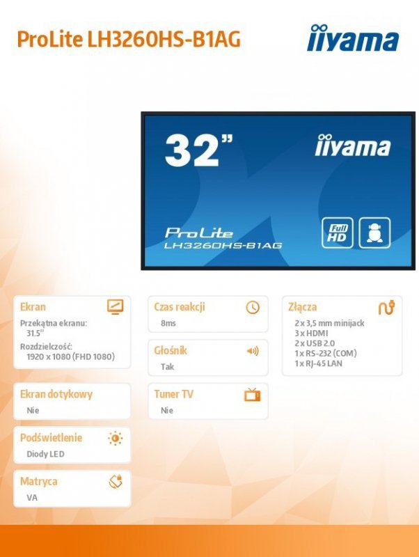 IIYAMA Monitor wielkoformatowy 31.5 cala LH3260HS-B1AG matowy 24h/7  500(cd/m2) VA 1920 x 1080 FHD Android.11 Wifi CMS(iiSignage