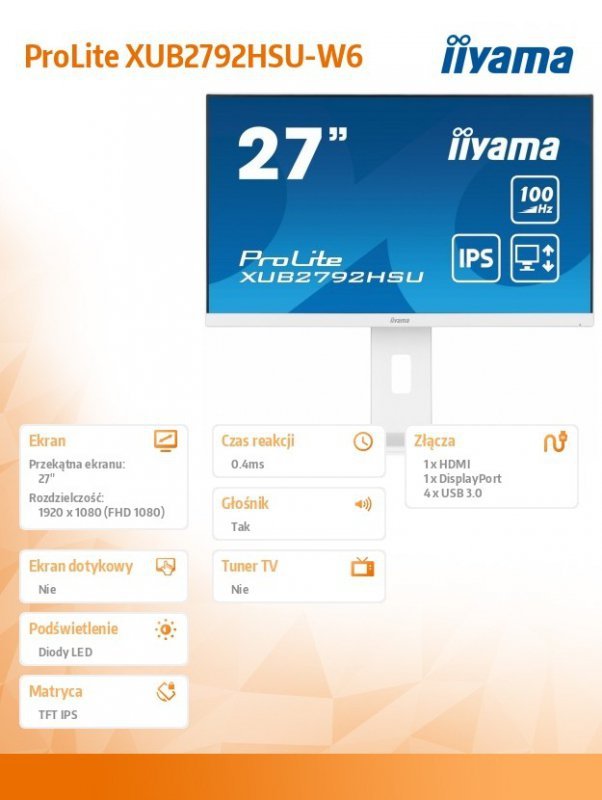 IIYAMA Monitor 27 cali ProLite XUB2792HSU-W6 IPS,HDMI,DP,100Hz,SLIM,4xUSB3.2,PIVOT,  HAS(150mm),2x2W