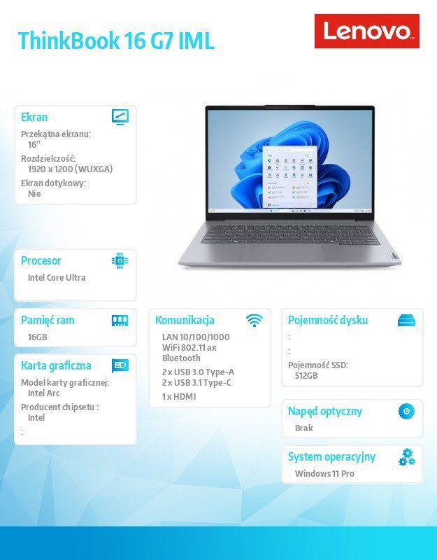Lenovo Notebook ThinkBook 16 G7 21MS0080PB W11Pro Ultra 7 155H/16GB/512GB/INT/16.0 WUXGA/Arctic Grey/3YRS OS + CO2 Offset