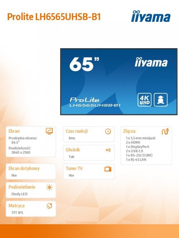 IIYAMA *IIYAMA 65&#39;LH6565UHSB-B1, 24/7,IPS,ANDROID.11,4K,800cd, iiSignage2, SDM, 2x HDMI, DP, 2x USB,2x 10W, RJ45, WiFi, 4/32