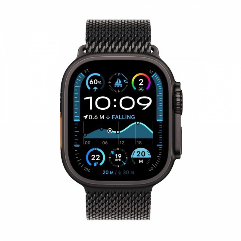 Apple Watch Ultra 2 GPS + Cellular, koperta 49 mm z tytanu w kolorze czarnym z bransoletą mediolańską M z tytanu w kolorze czarn