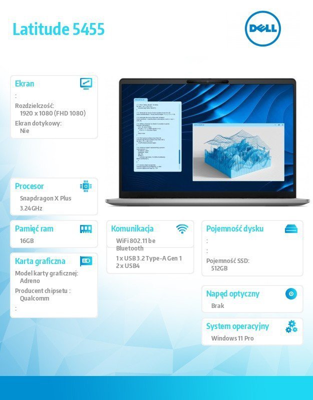 Dell Notebook Latitude 5455 Win11Pro Snapdragon X Plus 8C 16GB/512GB SSD Gen4/14.0 FHD/Integrated/FgrPr/FHD/IR Cam/Mic/WLAN+BT/B