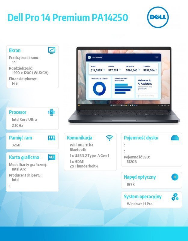 Dell Laptop Dell Pro 14 Premium PA14250 W11P Ultra 5 238V/32GB/512GB/14.0 FHD+/Arc/FgrPr/Cams&Mic/WLAN+BT/BcklKb/3C/vPro/3YPS Ma