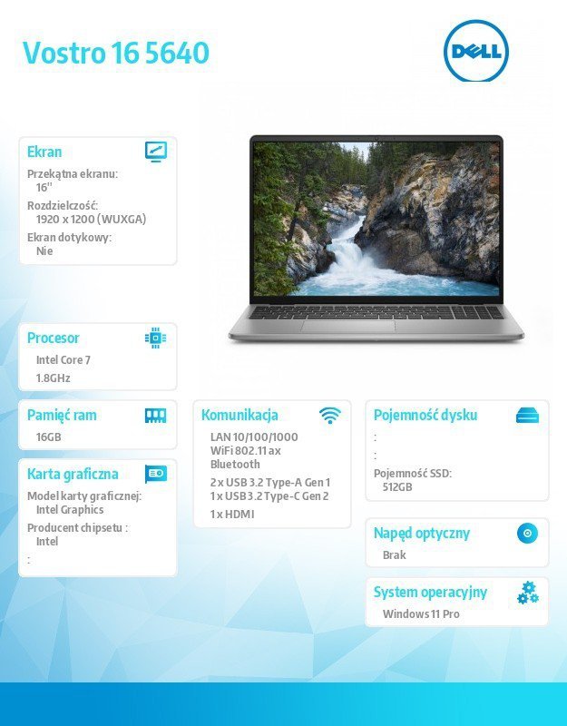 Dell Laptop  Vostro 16 (5640) Win11Pro 7-150U/16GB/512GB SSD/16.0 FHD+/Intel Graphics/FgrPr/WLAN+BT/Backlit Kb/4 Cell/3YPS
