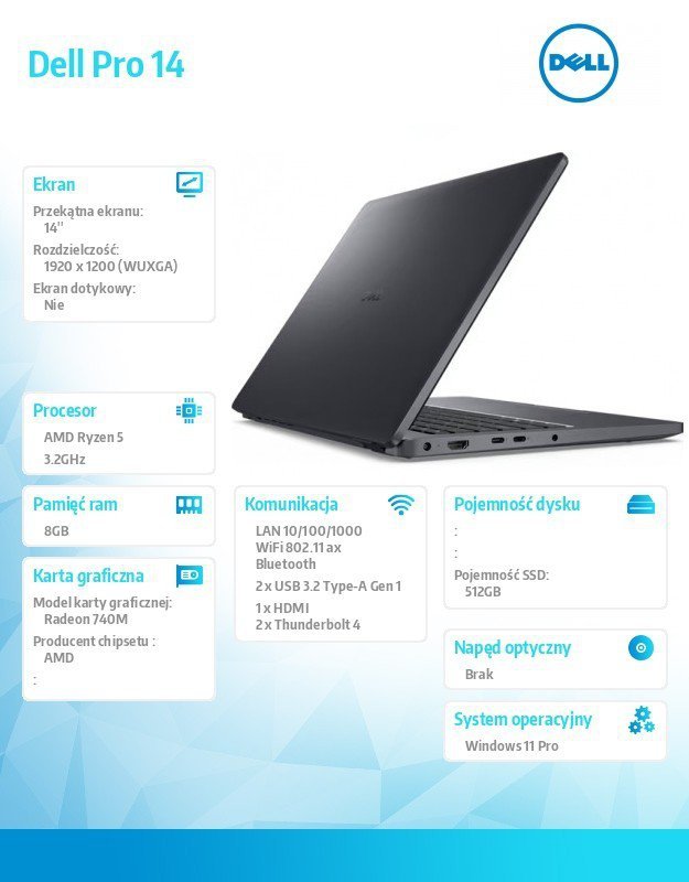 Dell Laptop Dell Pro 14 PC14255/AMD Ryzen 5 220/8GB/512GB SSD/14.0 FHD+/Radeon 740M/FgrPr/FHD/IR Cam/Mic/WLAN + BT/Backlit Kb/3 