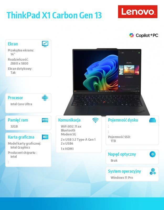 Lenovo Ultrabook ThinkPad X1 Carbon G13 21NX009CPB W11Pro Ultra 7 255U/32GB/1TB/14.0 2.8K/Touch/Black/3YRS Premier Support + CO2