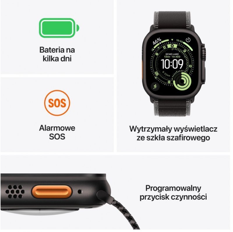 Apple Watch Ultra 3 GPS + Cellular, koperta 49 mm z tytanu w kolorze czarnym, bransoleta mediolańska z tytanu w kolorze czarnym 