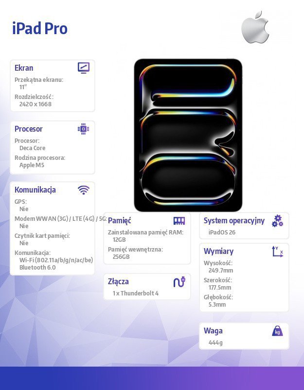 Apple iPad Pro 11-calowy Wi-Fi 256 GB ze standardowym szkłem - Srebrny