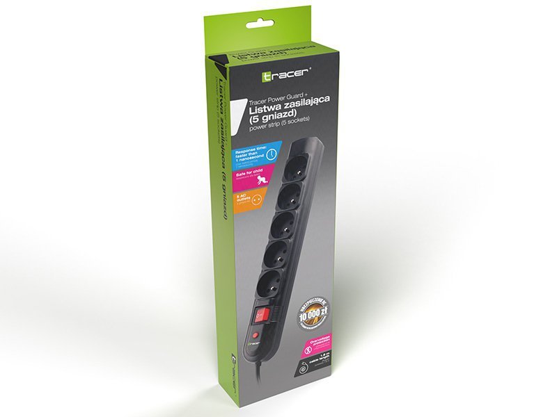 Listwa zasilająca TRACER PowerGuard + 1.8 m Black (5 gniazd)