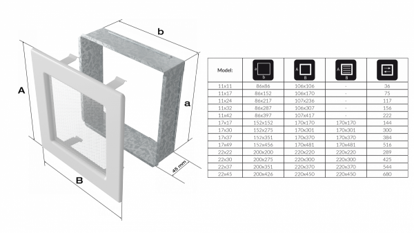 KRATKA kominkowa 22x45 pozłacana z żaluzją 