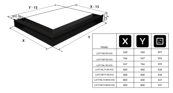Kratka kominkowa LUFT narożny prawy czarny 40x80x9