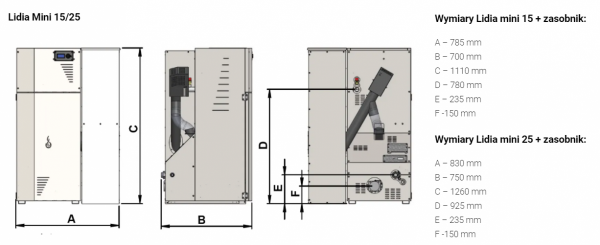 Kocioł na pellet Lidia Compact mini 10/15/25 kW z zasobnikiem bocznym