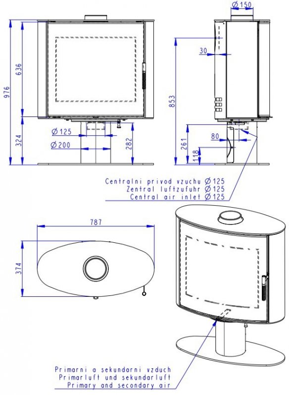 Piec wolnostojący ROMOTOP STROMBOLI G T - metal rys. techn.