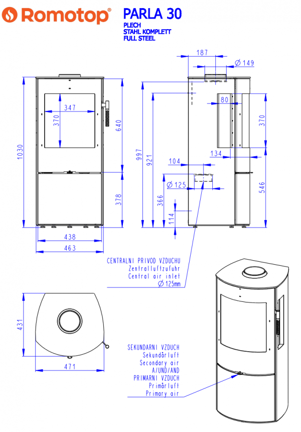 Piec wolnostojący ROMOTOP PARLA 3S - metal