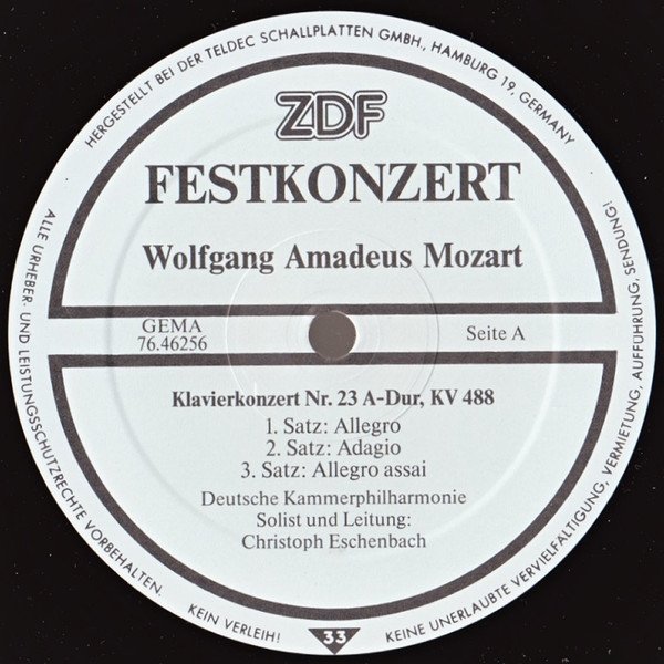 Deutsche Kammerphilharmonie Solist und Leitung: Christoph Eschenbach - W.A.Mozart - Festkonzert - Klavierkonzert Nr. 23 / Sinfonie Nr. 34 (LP)