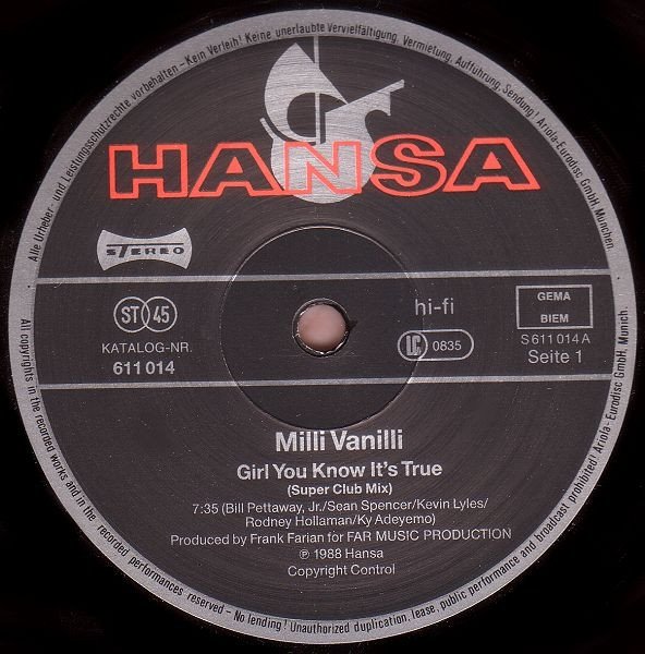 Milli Vanilli - Girl You Know It's True (12'')