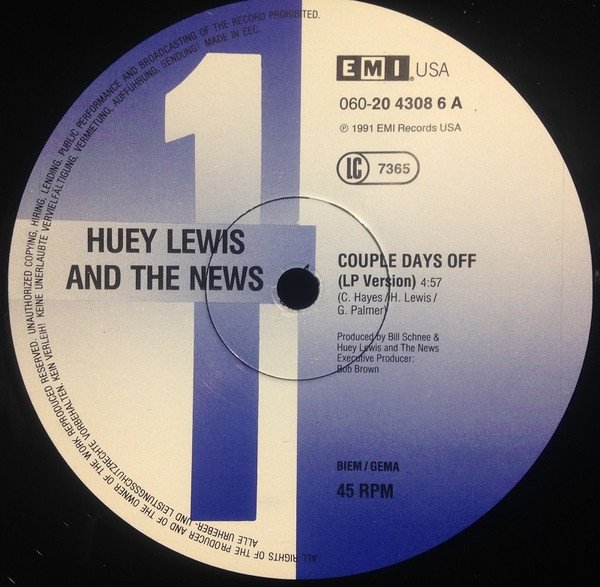 Huey Lewis And The News - Couple Days Off (12'')