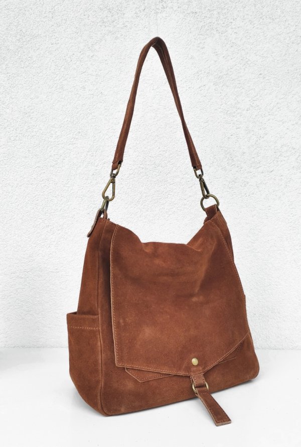 Zamszowa torebka worek listonoszka ruda cynamonowa