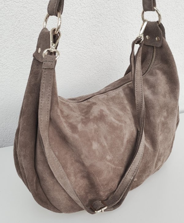 Torebka worek zamszowa Vera Pelle skóra brązowa mocha Laura Biaggi