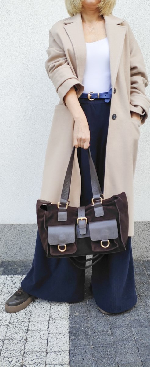 Torebka shopper zamszowa Vera Pelle skóra czekoladowa