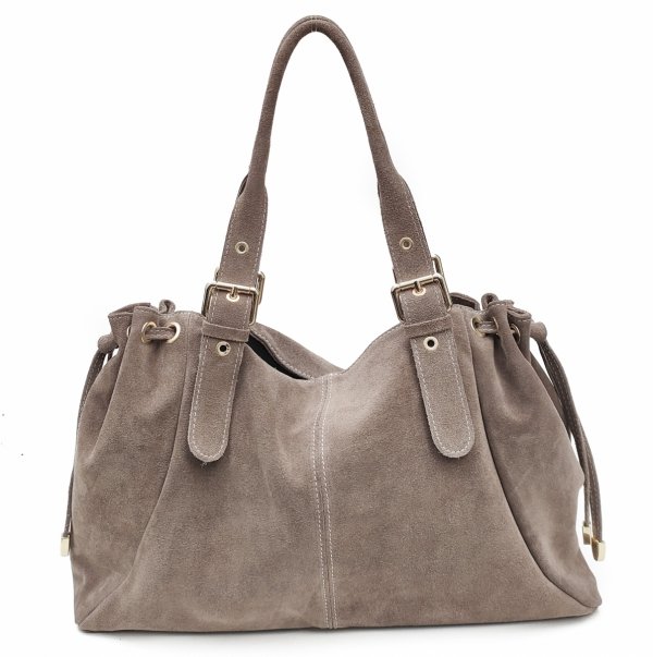 Zamszowa torebka z troczkiem skóra naturalna Vera Pelle taupe