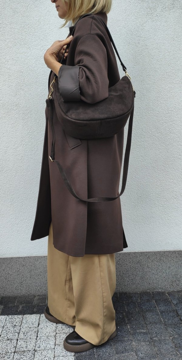 Zamszowa czekoladowa torebka worek listonoszka skóra naturalna vera pelle