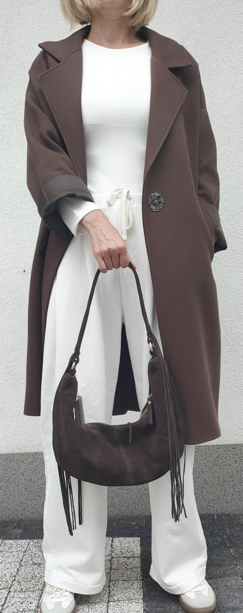 Zamszowa torebka worek skóra brązowa czekoladowa frędzle