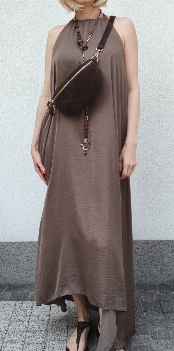 Zamszowa saszetka nerka Vera Pelle skóra naturalna brązowa ciemna czekolada