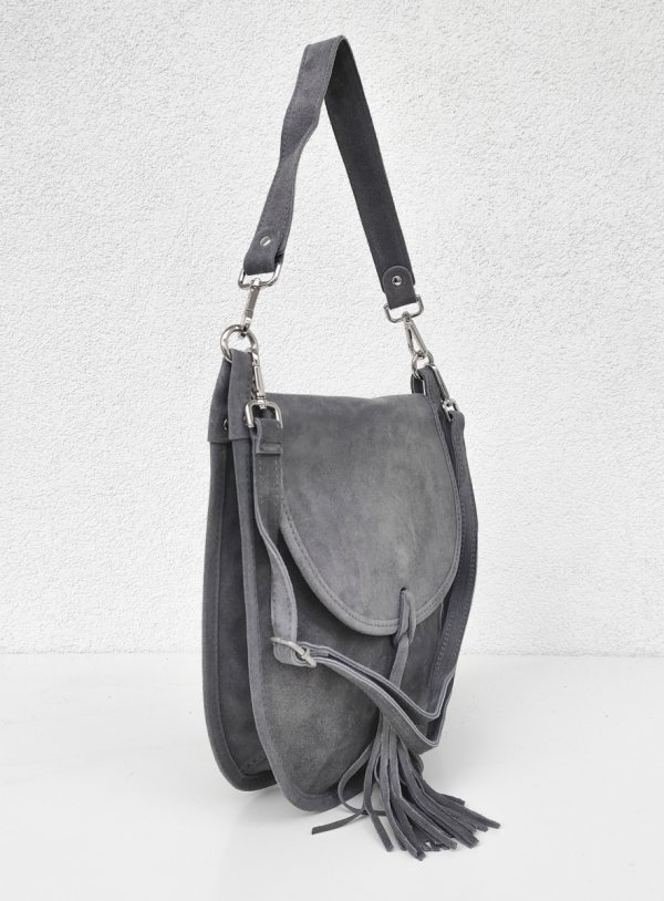 Zamszowa listonoszka torebka szara z frędzlem vera pelle
